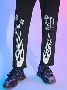 ROMWE MEN Quần Jeans Nam Túi Dây kéo Lá thư Ngọn lửa - màu đen - Xem 5