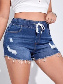 SHEIN Essnce 大碼腰部抽繩破洞毛邊緣牛仔短褲 - 中等水洗藍 - 查看 1
