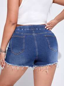 SHEIN Essnce 大碼腰部抽繩破洞毛邊緣牛仔短褲 - 中等水洗藍 - 查看 2