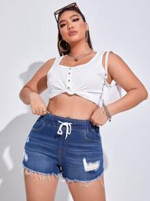 SHEIN Essnce 大碼腰部抽繩破洞毛邊緣牛仔短褲 - 中等水洗藍 - 查看 4