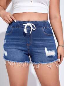 SHEIN Essnce 大碼腰部抽繩破洞毛邊緣牛仔短褲 - 中等水洗藍 - 查看 5