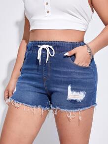 SHEIN Essnce 大碼腰部抽繩破洞毛邊緣牛仔短褲 - 中等水洗藍 - 查看 6