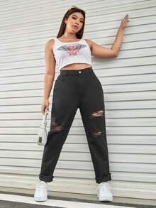 SHEIN EZwear Jeans ajustados mom desgarro de talle alto - Gris Oscuro - Ver 3