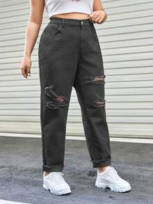 SHEIN EZwear Jeans ajustados mom desgarro de talle alto - Gris Oscuro - Ver 4