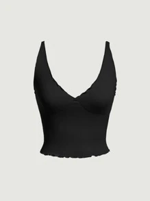 SHEIN MOD Women Tank Tops & Camis Lettuce Trim Rib-Knit Plain Casual - Hitam - View 1