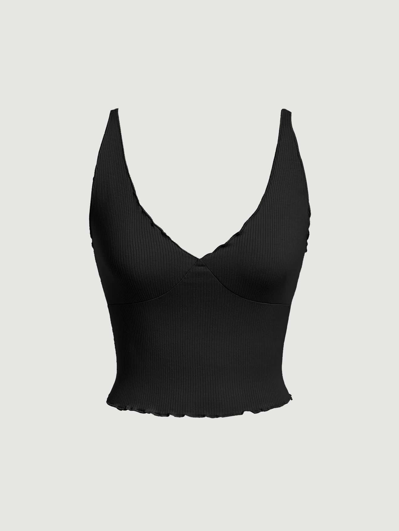 SHEIN MOD Women Tank Tops & Camis Lettuce Trim Rib-Knit Plain Casual - Hitam - View 1