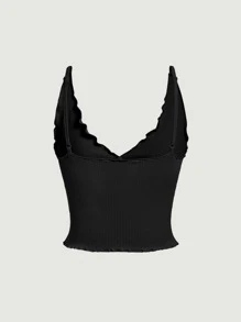 SHEIN MOD Women Tank Tops & Camis Lettuce Trim Rib-Knit Plain Casual - Hitam - View 2