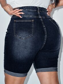 Flexra Plus High Waist Roll Up Hem Denim Shorts - Dark Wash - View 2