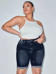 Flexra Plus High Waist Roll Up Hem Denim Shorts - Dark Wash - View 3