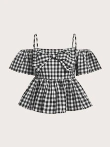 青少年女孩雙色格子挖肩前蝴蝶結荷葉邊下擺襯衫 - 黑與白 - 查看 1