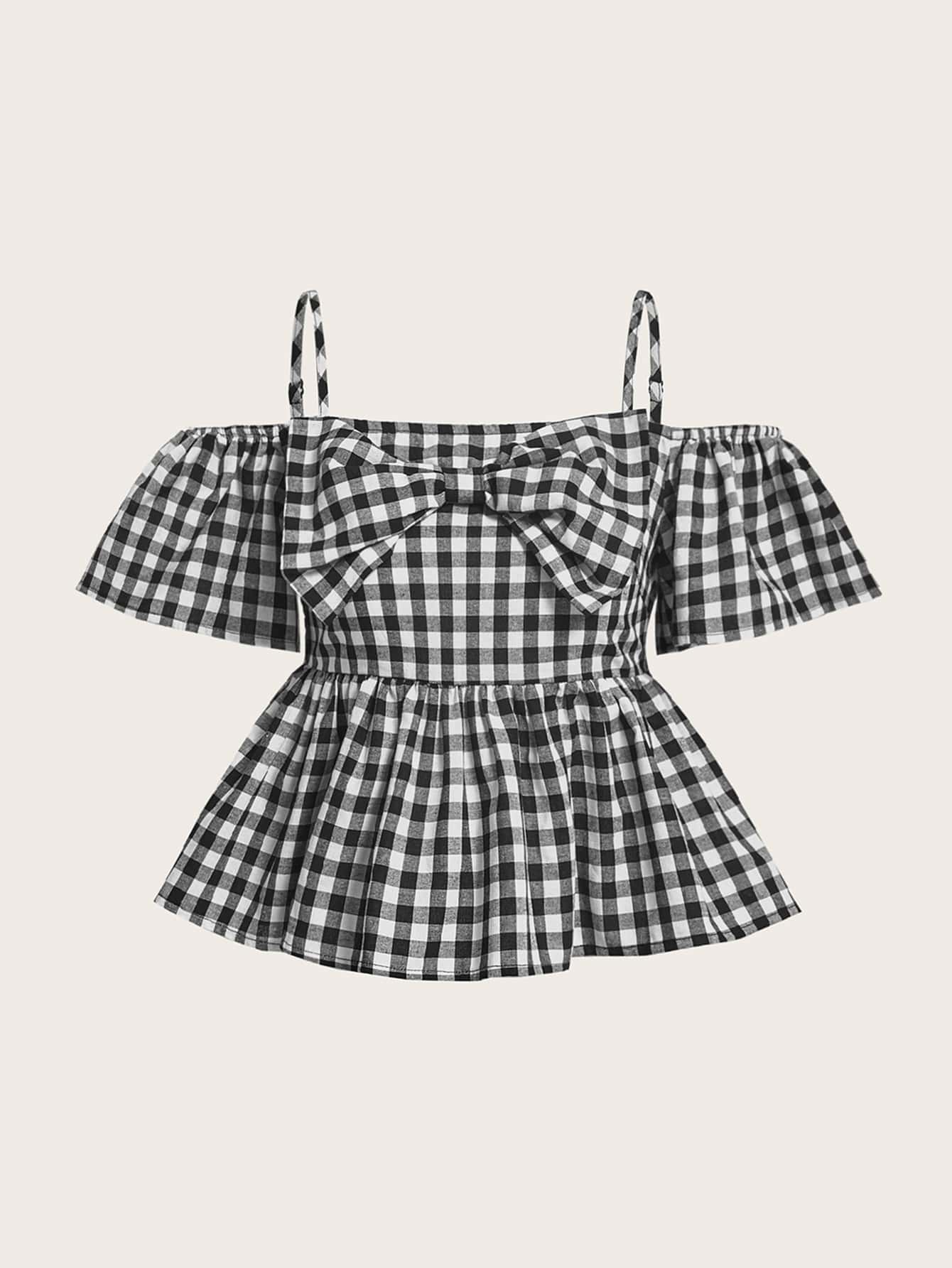 青少年女孩雙色格子挖肩前蝴蝶結荷葉邊下擺襯衫 - 黑與白 - 查看 1