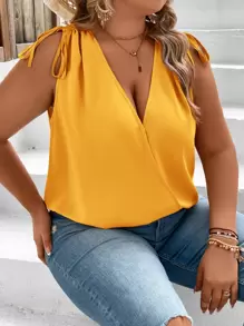 SHEIN VCAY Plus Solid Surplice Neck Knot Shoulder Wrap Detail Sleeveless Blouse - Yellow - View 1