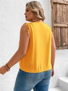 SHEIN VCAY Plus Solid Surplice Neck Knot Shoulder Wrap Detail Sleeveless Blouse - Yellow - View 2