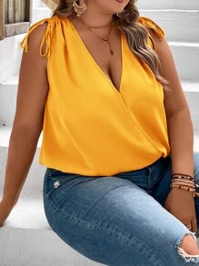 SHEIN VCAY Plus Solid Surplice Neck Knot Shoulder Wrap Detail Sleeveless Blouse - Yellow - View 3