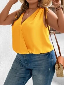 SHEIN VCAY Plus Solid Surplice Neck Knot Shoulder Wrap Detail Sleeveless Blouse - Yellow - View 4