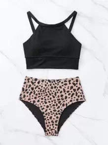 Swim Lushoire Summer Beach Dalmatian Print Ribbed Set Halter Top & High Waisted Bottom 2 Pieces Bathing Suit, Vacation Bikini Set - Multicolor - View 3