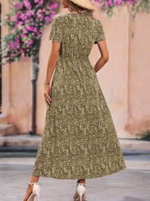SHEIN VCAY Allover Print Split Thigh Dress - Army Green - View 2
