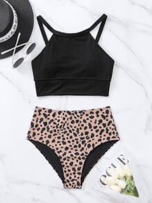 Swim Lushoire Summer Beach Dalmatian Print Ribbed Set Halter Top & High Waisted Bottom 2 Pieces Bathing Suit, Vacation Bikini Set - Multicolor - View 5