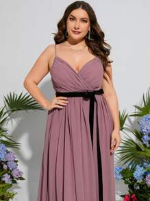 Plus Ruched Bust Belted Chiffon Maxi Cami Bridesmaid Dress - Mauve Purple - View 5
