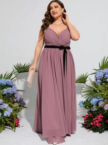 Plus Ruched Bust Belted Chiffon Maxi Cami Bridesmaid Dress - Mauve Purple - View 4
