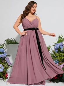 Plus Ruched Bust Belted Chiffon Maxi Cami Bridesmaid Dress - Mauve Purple - View 3