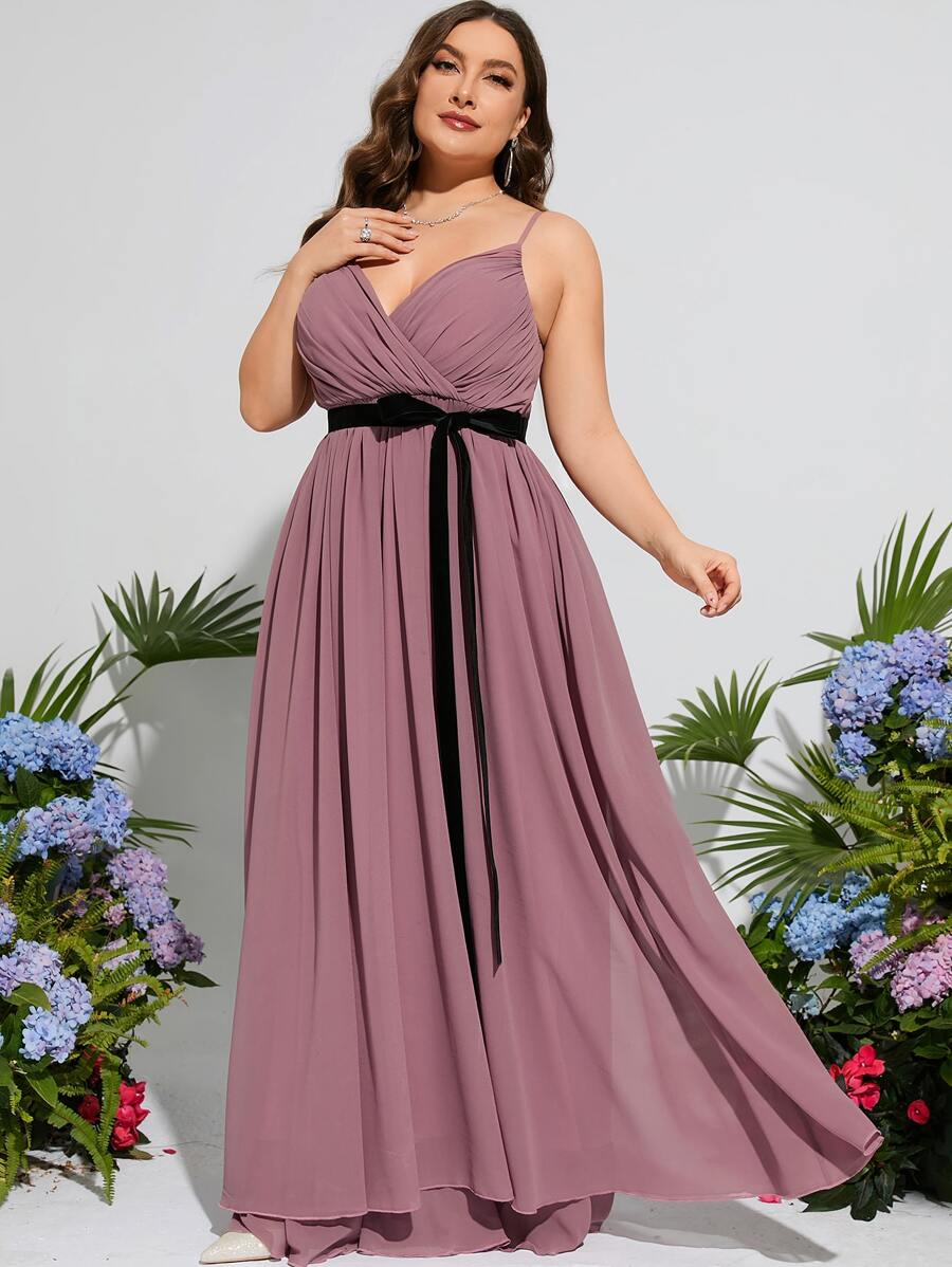Plus Ruched Bust Belted Chiffon Maxi Cami Bridesmaid Dress - Mauve Purple - View 1