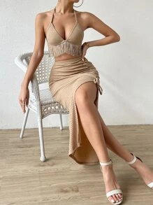 SHEIN Privé 流蘇邊後背繫帶掛脖上衣和抽繩高衩半身裙 - 卡其色 - 查看 3