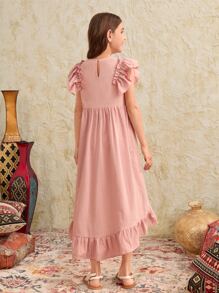 SHEIN Girls Ruffle Trim High Low Hem Dress - Dusty Pink - View 3