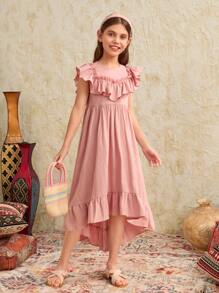 SHEIN Girls Ruffle Trim High Low Hem Dress - Dusty Pink - View 4