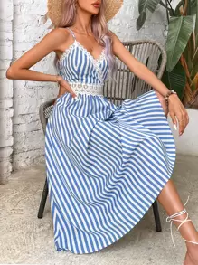SHEIN VCAY Striped Print Guipure Lace Panel Cami Dress - Blue and White - View 1