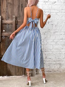SHEIN VCAY Striped Print Guipure Lace Panel Cami Dress - Blue and White - View 2