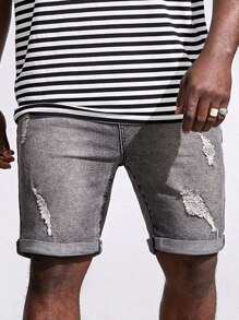 Manfinity RebelGame Men Plus Ripped Roll Up Hem Bermuda Denim Shorts - Dark Grey - View 3