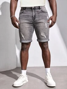 Manfinity RebelGame Men Plus Ripped Roll Up Hem Bermuda Denim Shorts - Dark Grey - View 9
