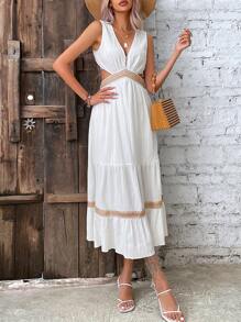 Breezaya Đầm Maxi Ren Guipure Cắt Ruffle Hem Eo Trang Phục Đi Biển Cho Nữ - trắng - Xem 5