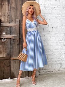 SHEIN VCAY Striped Print Guipure Lace Panel Cami Dress - Blue and White - View 3