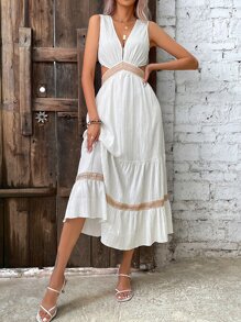 Breezaya Đầm Maxi Ren Guipure Cắt Ruffle Hem Eo Trang Phục Đi Biển Cho Nữ - trắng - Xem 6