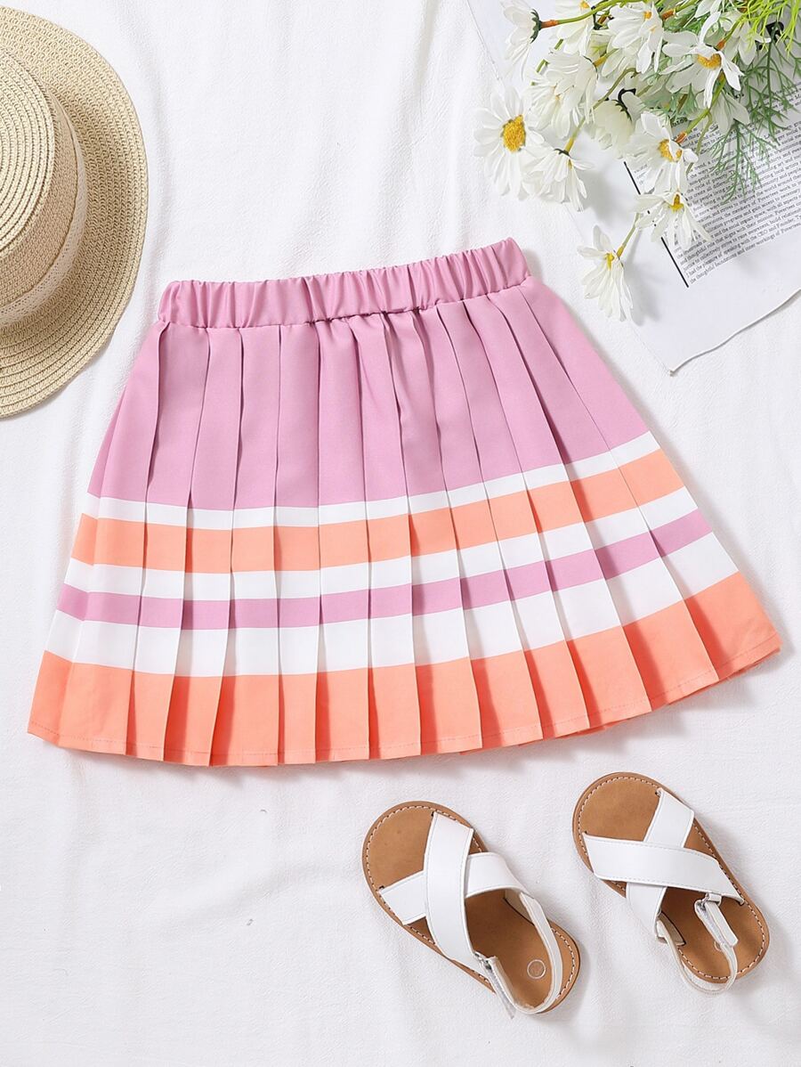 Toddler Girls Block Striped Pleated Skirt - Pink - View 1