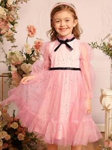 SHEIN Toddler Girls Bow Front Flounce Sleeve Ruffle Hem Mesh Overlay Dress - Baby Pink - View 3