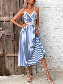 SHEIN VCAY Striped Print Guipure Lace Panel Cami Dress - Blue and White - View 6