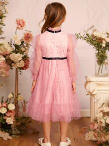 SHEIN Toddler Girls Bow Front Flounce Sleeve Ruffle Hem Mesh Overlay Dress - Baby Pink - View 2