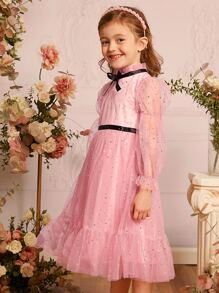 SHEIN Toddler Girls Bow Front Flounce Sleeve Ruffle Hem Mesh Overlay Dress - Baby Pink - View 4