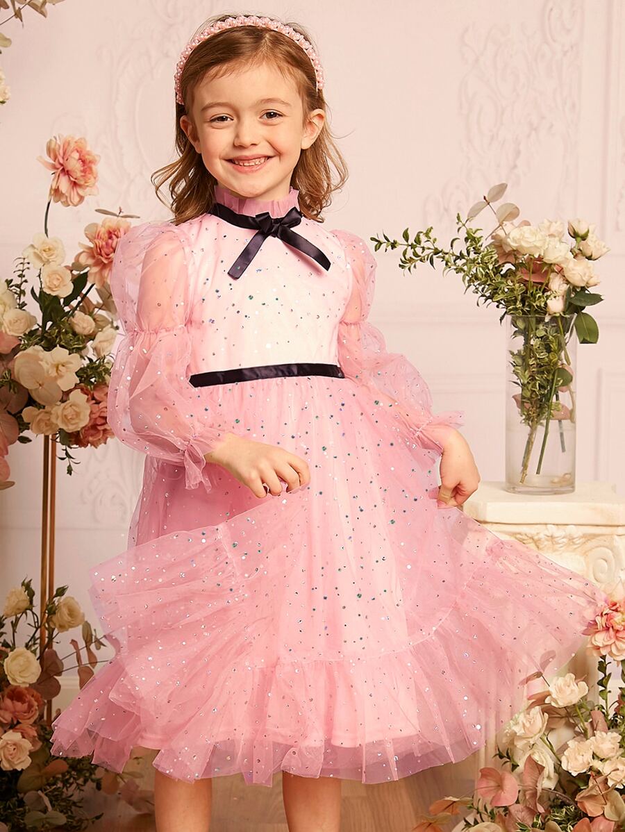 SHEIN Toddler Girls Bow Front Flounce Sleeve Ruffle Hem Mesh Overlay Dress - Baby Pink - View 1