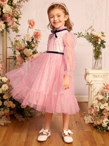 SHEIN Toddler Girls Bow Front Flounce Sleeve Ruffle Hem Mesh Overlay Dress - Baby Pink - View 5