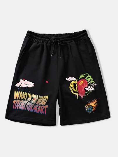 Guys Letter & Expression Print Drawstring Waist Shorts