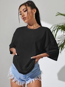 INAWLY Round Neck Drop Shoulder Tee - Black - View 3