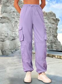 SHEIN Essnce Drawstring Waist Flap Pocket Cargo Pants - Lilac Purple - View 4