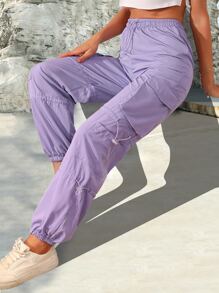 SHEIN Essnce Drawstring Waist Flap Pocket Cargo Pants - Lilac Purple - View 5