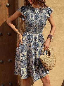 Breezaya Damask Print Butterfly Sleeve Shirred Detail Dress - Multicolor - View 6