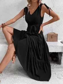 SHEIN VCAY 肩上打結荷葉邊繫腰帶連衣裙 - 黑色 - 查看 1