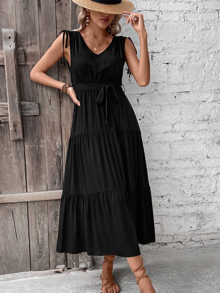 SHEIN VCAY Đầm Thắt lưng Thắt nút Viên lá sen màu trơn Giải trí - màu đen - Xem 3